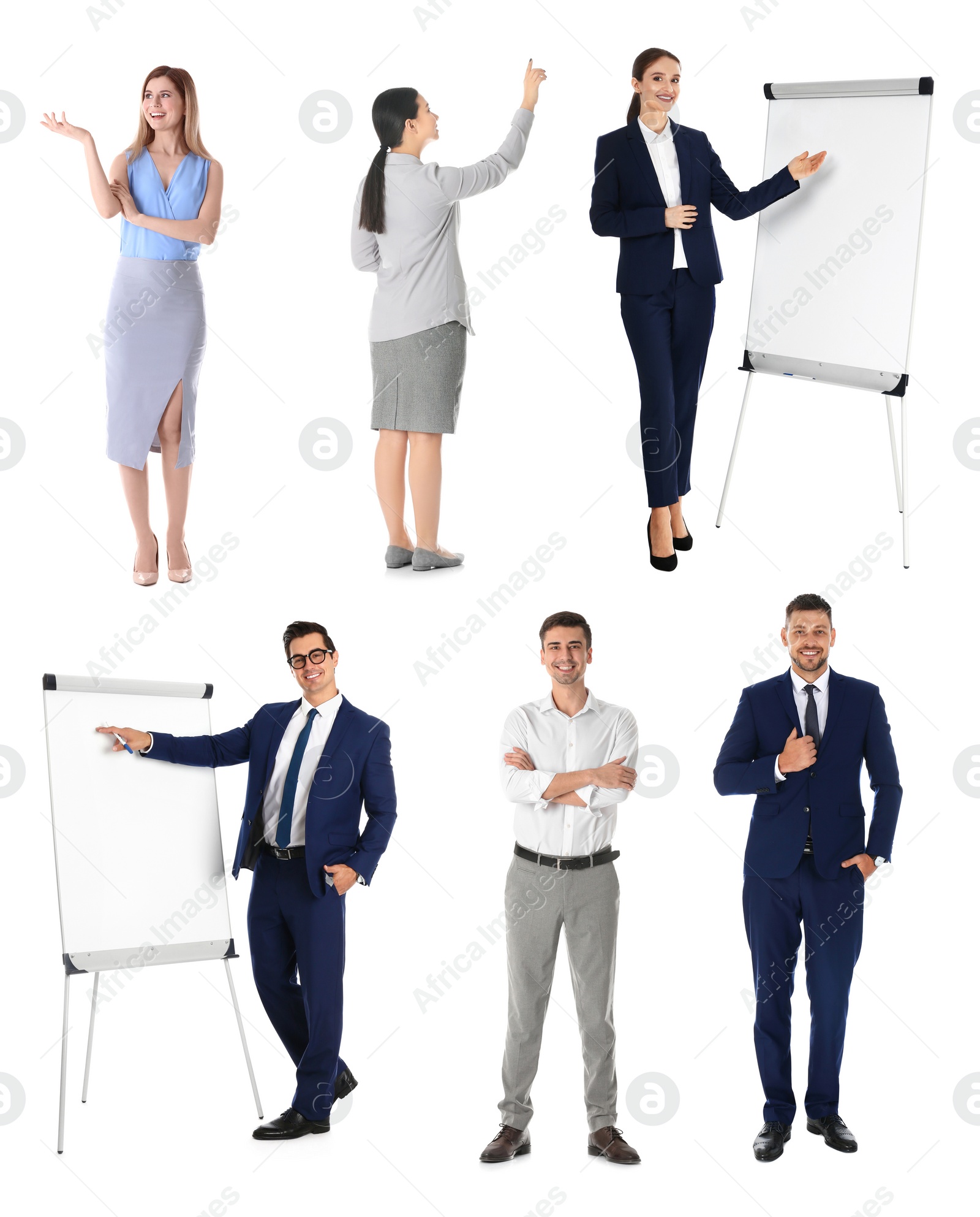 Image of Collage with photos of business trainers on white background