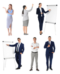 Image of Collage with photos of business trainers on white background