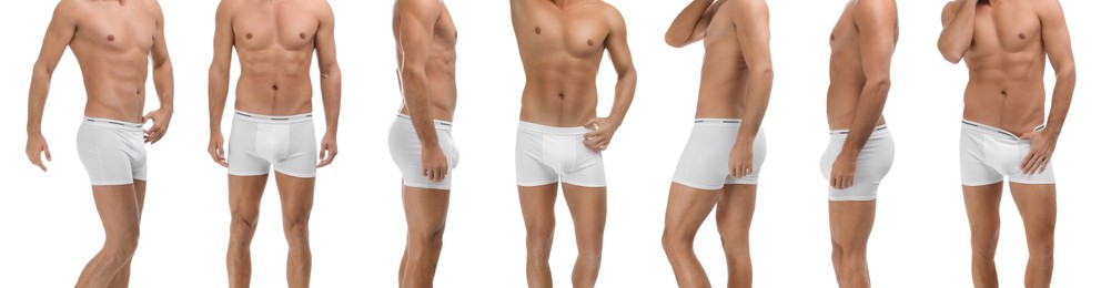 Collage with photos of man wearing underwear on white background, closeup. Banner design