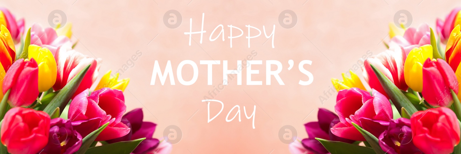 Image of Beautiful tulips and phrase HAPPY MOTHER'S DAY against beige background. Banner design