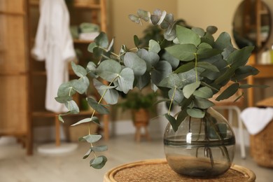 Photo of Beautiful eucalyptus branches in glass vase on wicker table indoors. Interior design