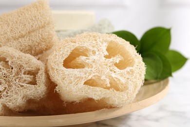 Photo of Loofah sponges and green leaves on table, closeup