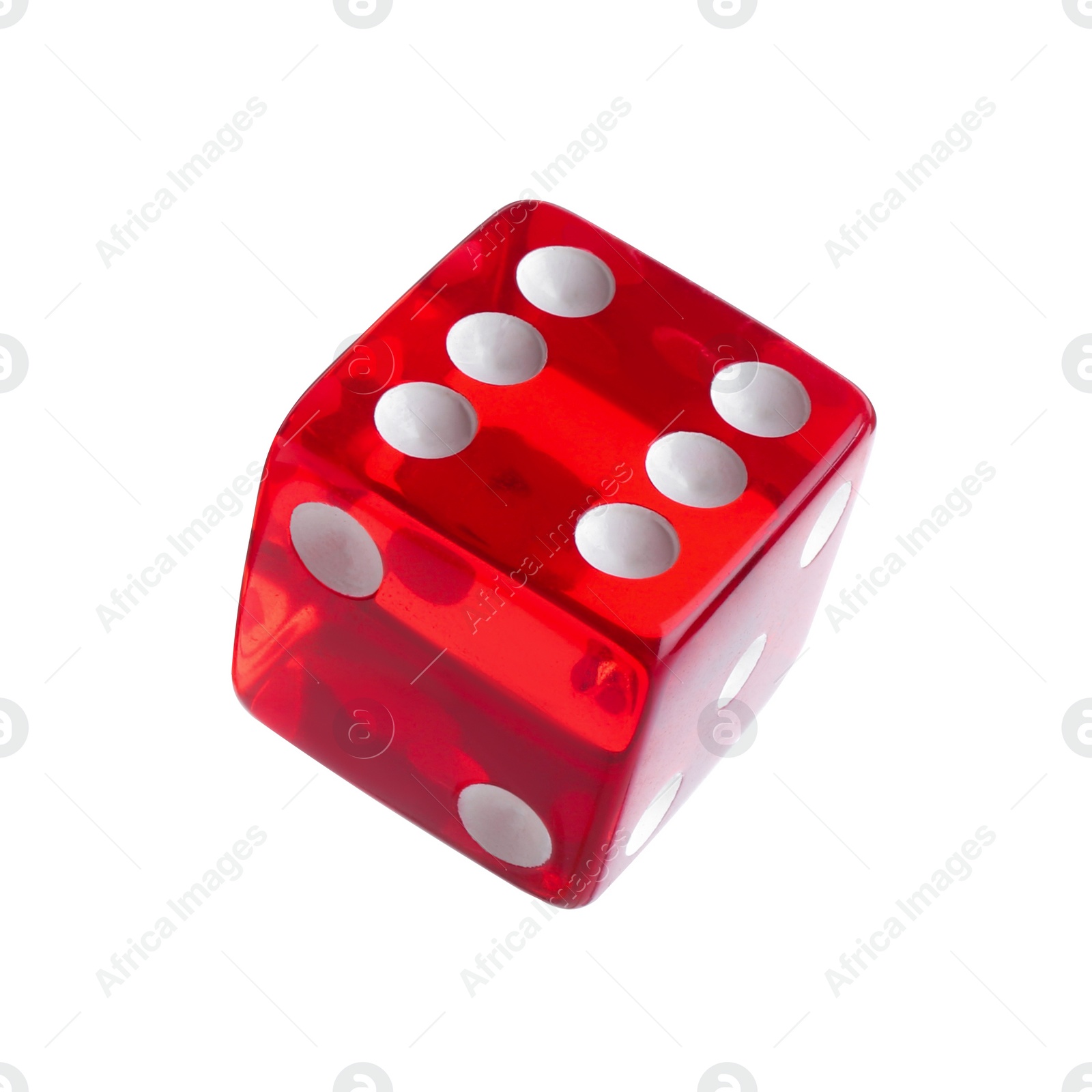 Photo of One red game dice isolated on white