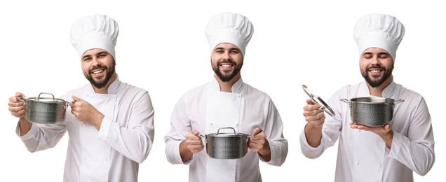 Chef in uniform holding cooking pot on white background, set with photos