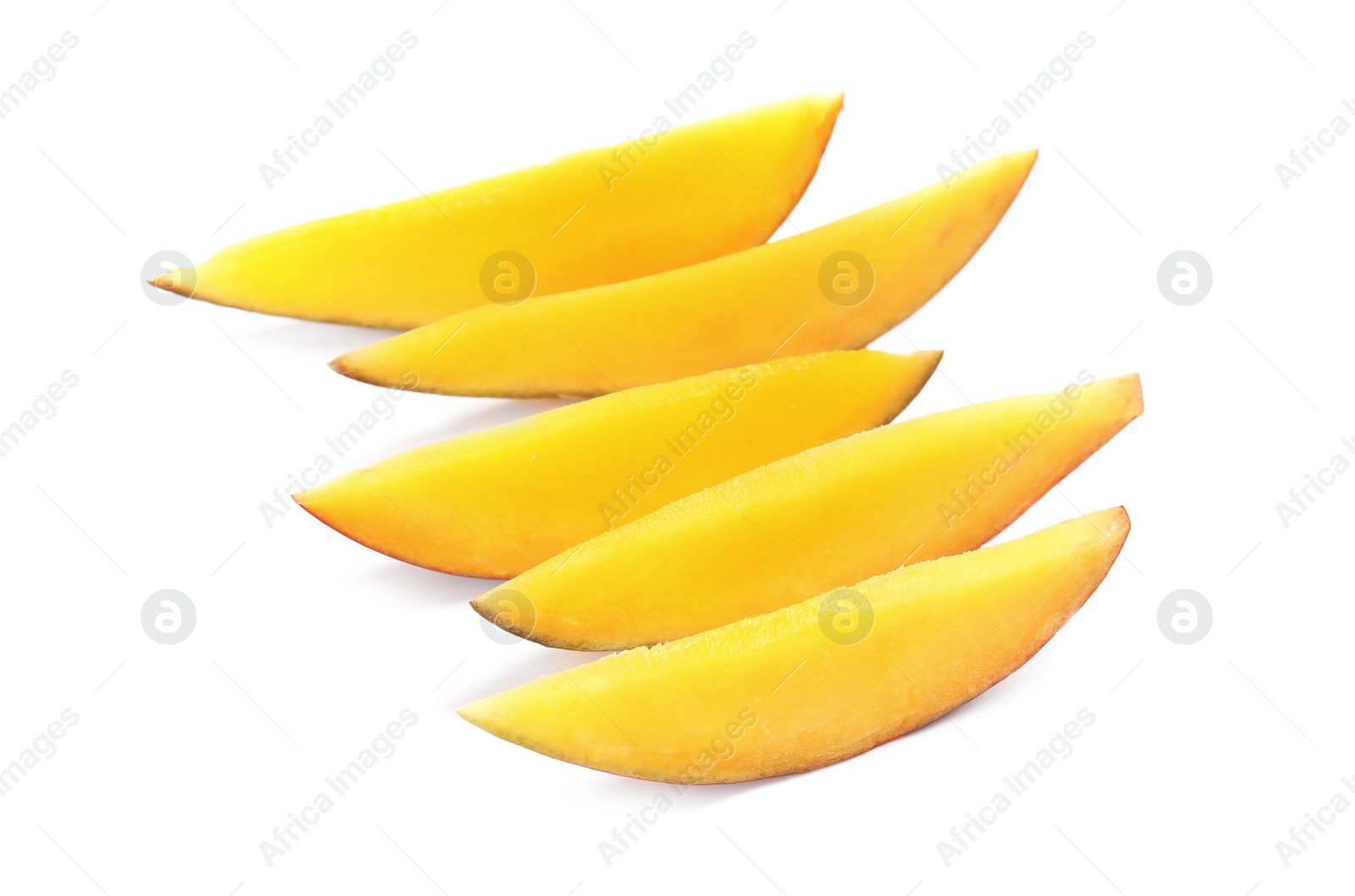 Photo of Slices of delicious ripe mango on white background