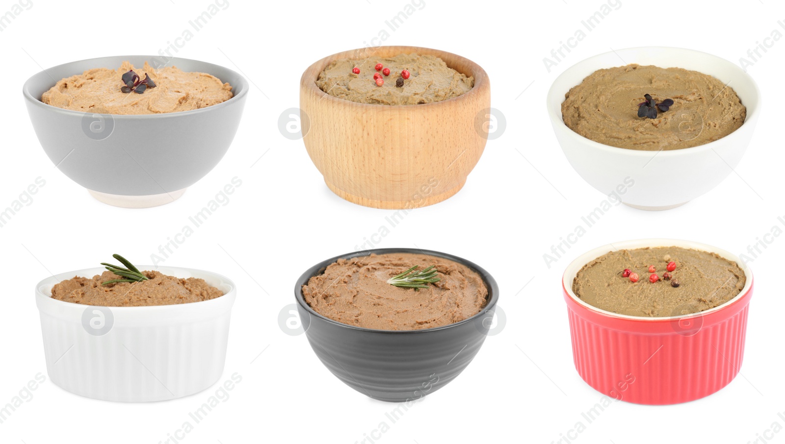 Image of Bowls with delicious liver pate on white background, collage