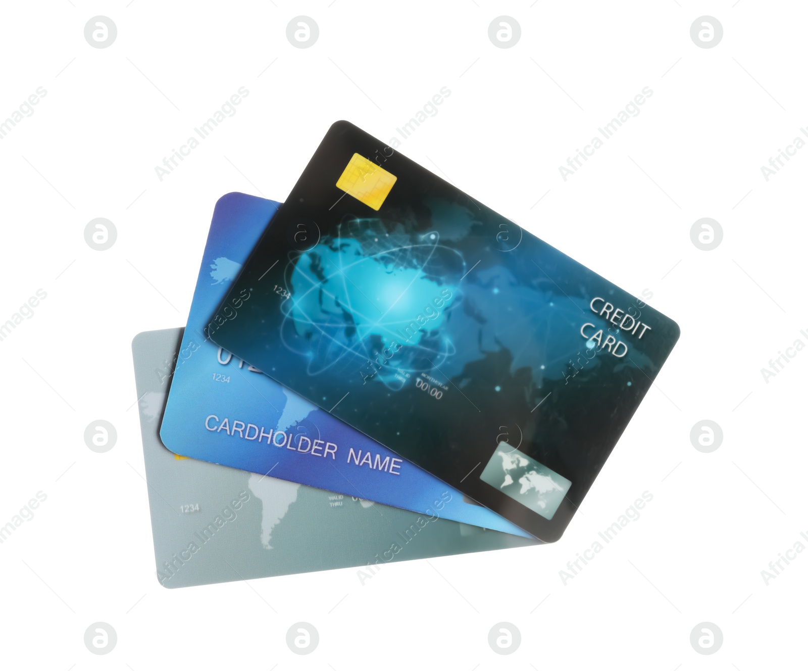 Photo of Different plastic credit cards on white background