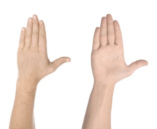 Image of Man showing pale hand on white background, closeup. Anemia symptom