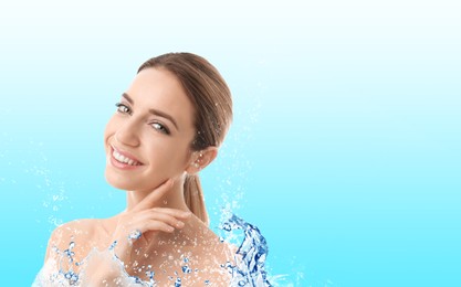 Image of Portrait of beautiful young woman with perfect moisturized skin and splashing water, space for text