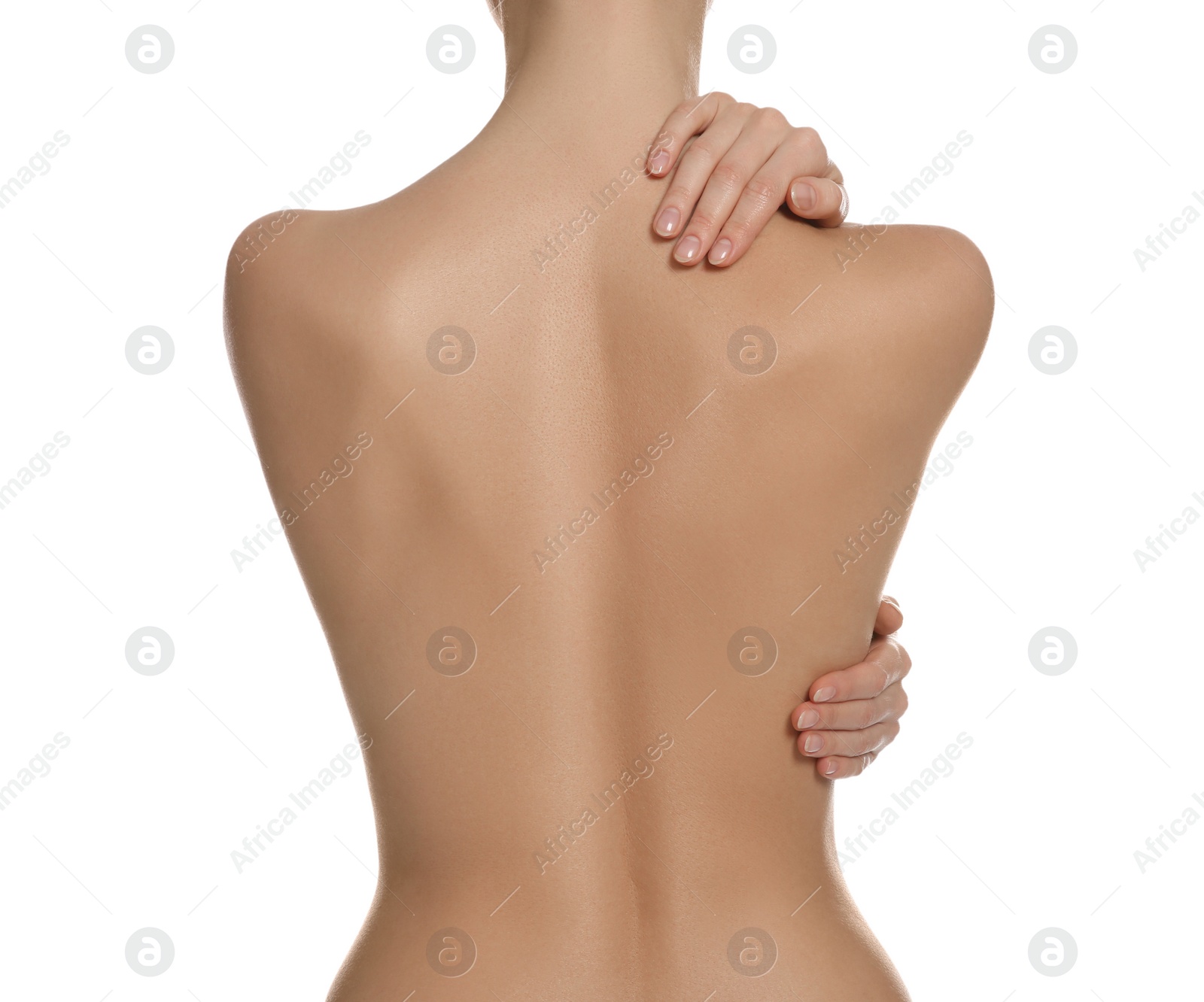 Photo of Back view of woman with perfect smooth skin on white background, closeup. Beauty and body care