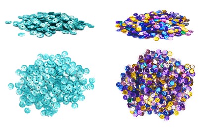 Image of Collage of shiny sequins in different colors on white background