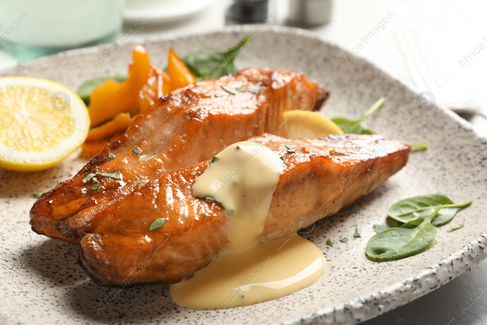 Photo of Tasty cooked salmon with sauce on plate, closeup