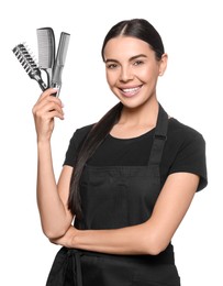 Photo of Portrait of happy hairdresser with professional tools on white background