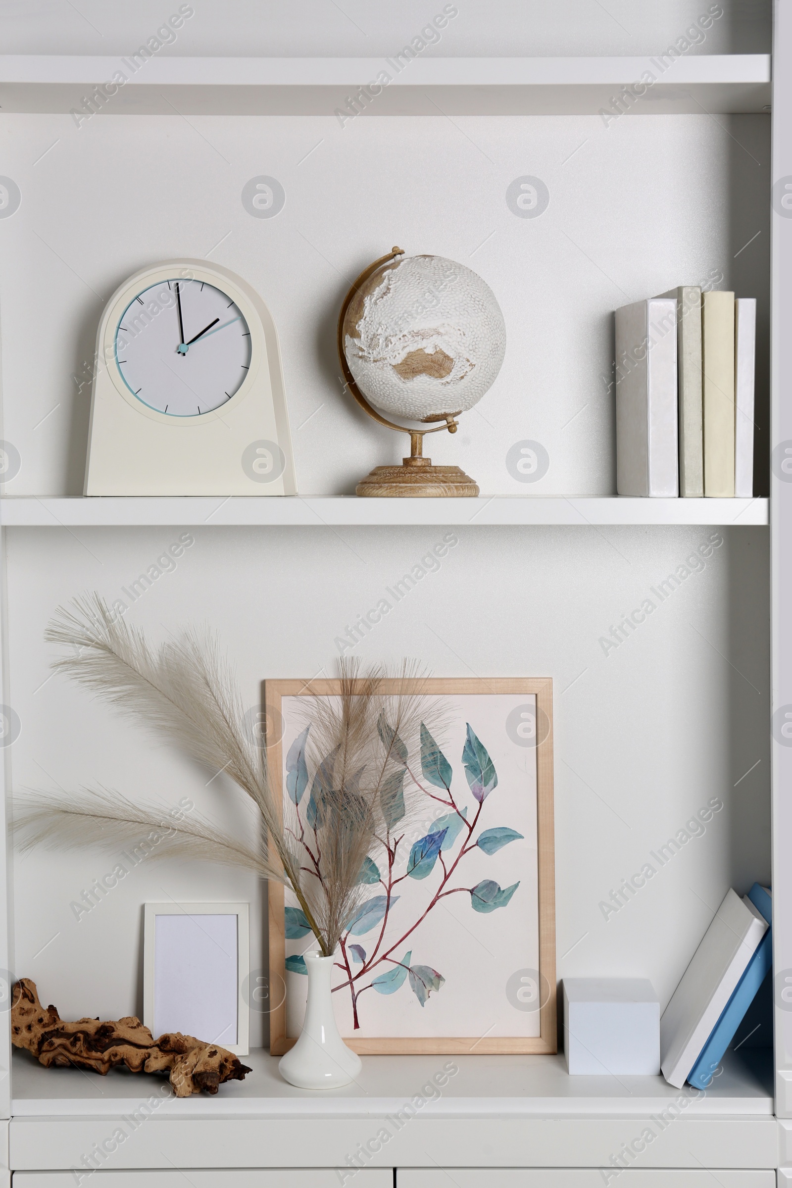 Photo of White shelves with books, globe and different decor indoors. Interior design