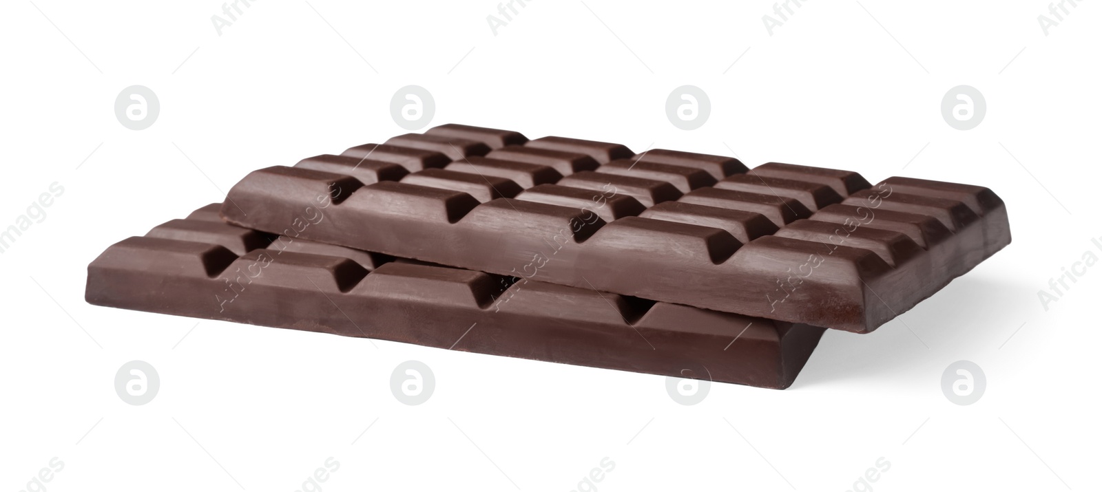 Photo of Delicious dark chocolate bars isolated on white