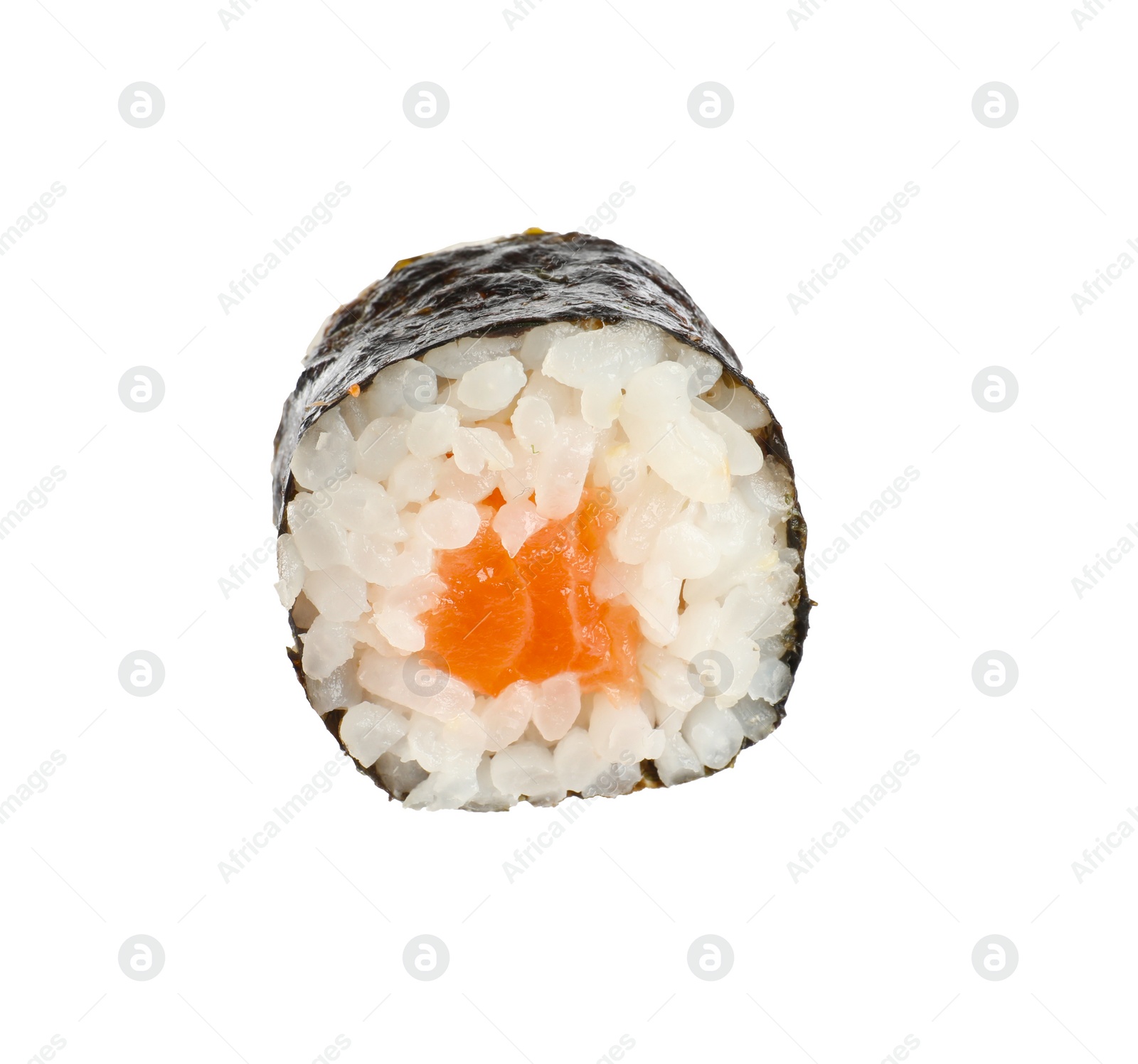 Photo of Delicious fresh sushi roll with salmon isolated on white