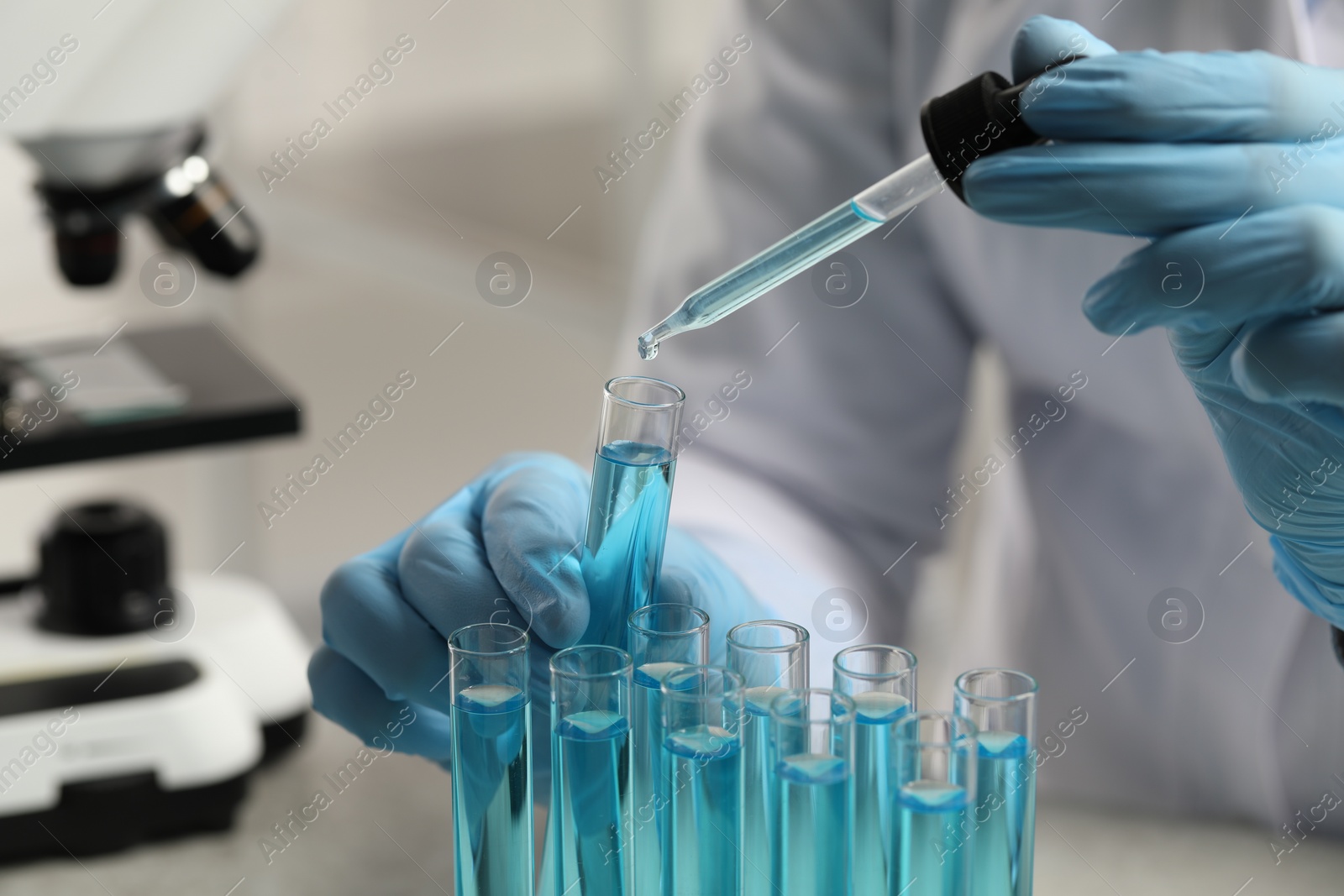 Scientist dripping liquid from pipette into test tube at white table in laboratory, closeup Photo of Scientist dripping liquid from pipette into test tube at white table in laboratory, closeup