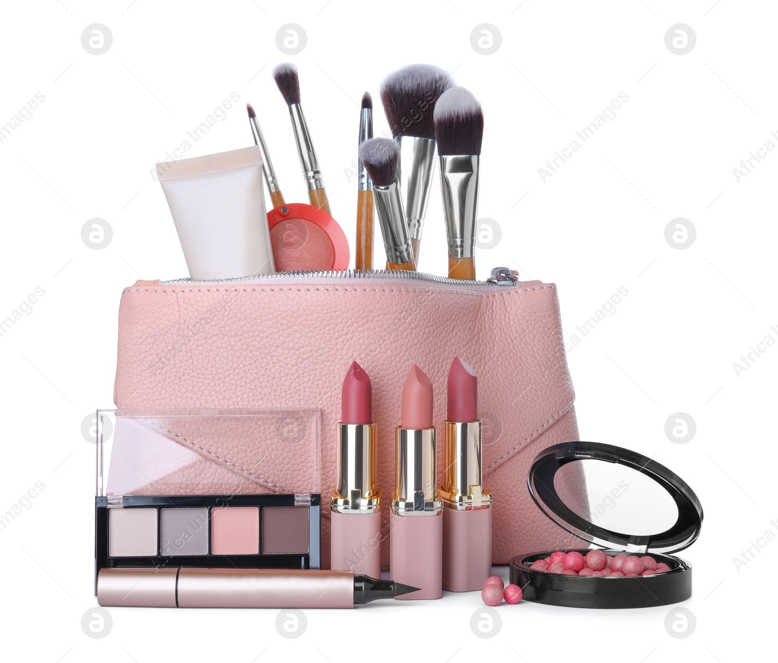 Photo of Different luxury decorative cosmetics, brushes and case on white background