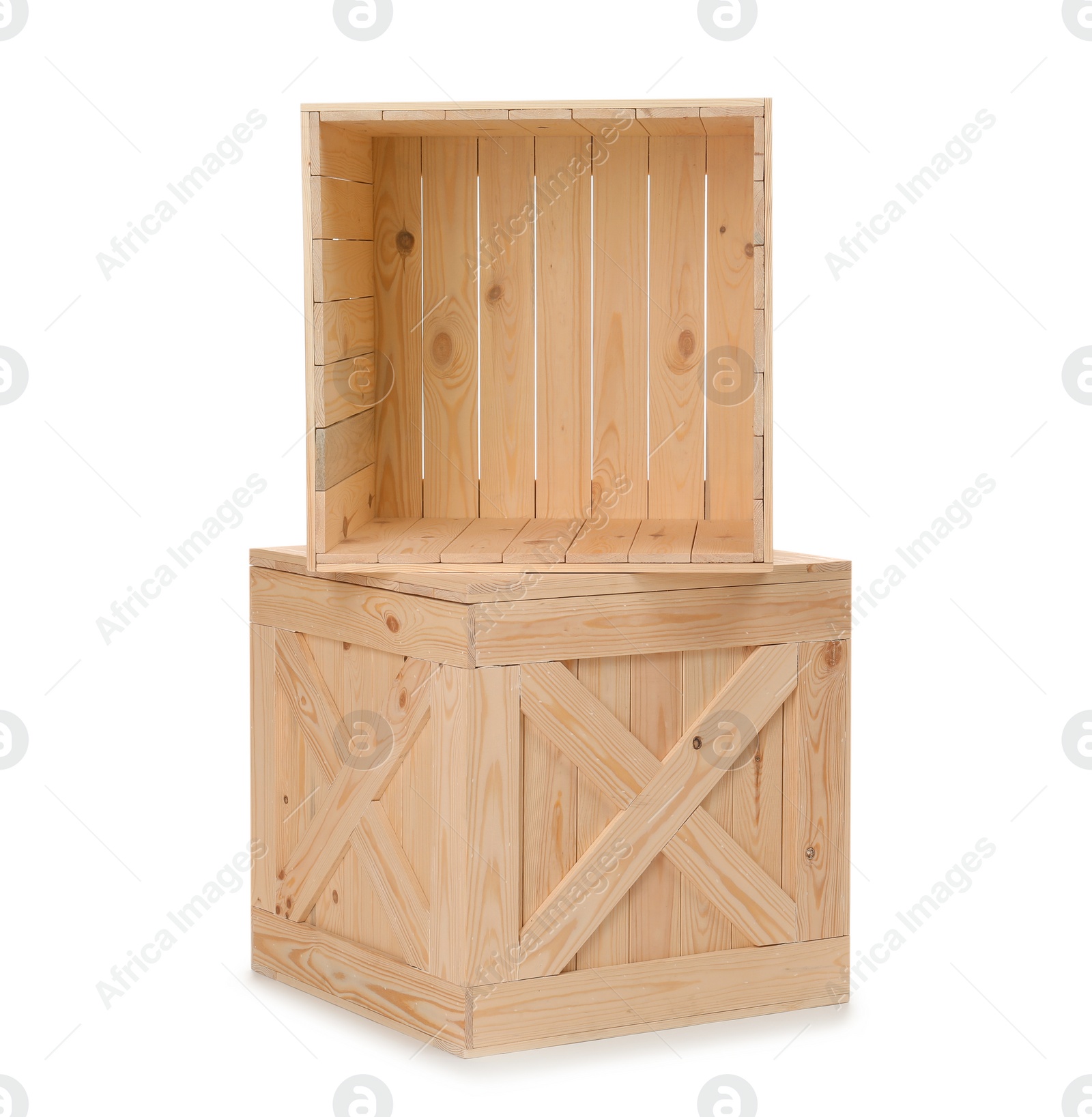 Photo of Wooden crates isolated on white. Delivery service