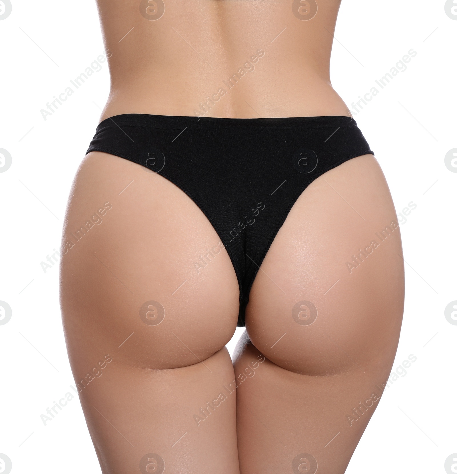 Photo of Closeup view of slim woman in underwear on white background. Cellulite problem concept