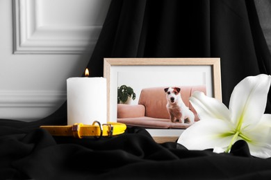 Photo of Frame with picture of dog, collar, burning candle and lily flower on black cloth, closeup. Pet funeral