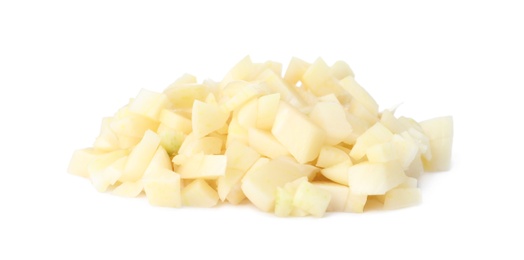 Photo of Pile of fresh chopped garlic isolated on white. Organic food