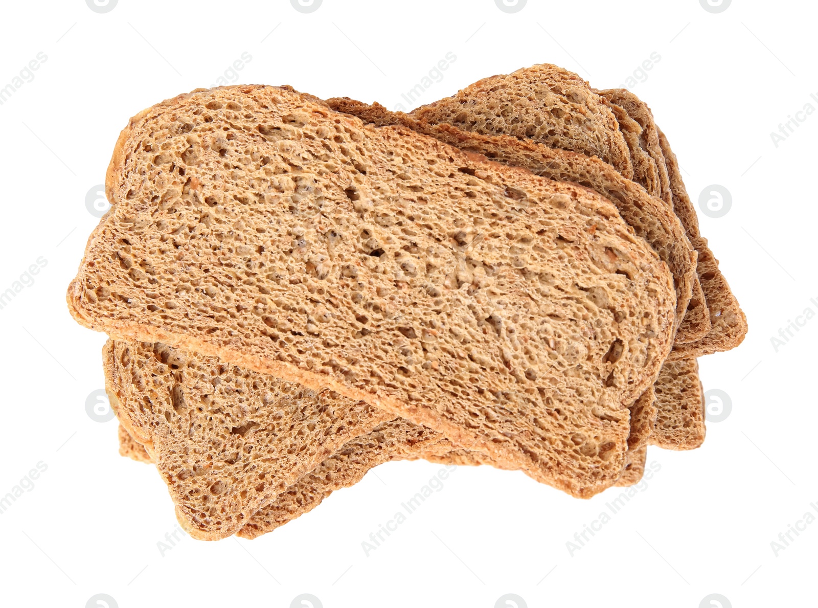 Photo of Stack of fresh rye crispbreads on white background, top view