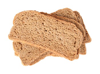 Photo of Stack of fresh rye crispbreads on white background, top view