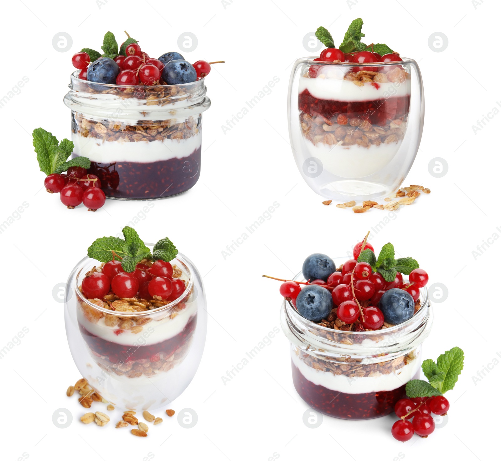 Image of Delicious yogurt parfait with fresh berries and mint on white background, collage