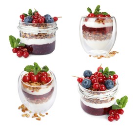 Image of Delicious yogurt parfait with fresh berries and mint on white background, collage