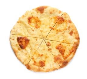 Delicious khachapuri with cheese on white background, top view