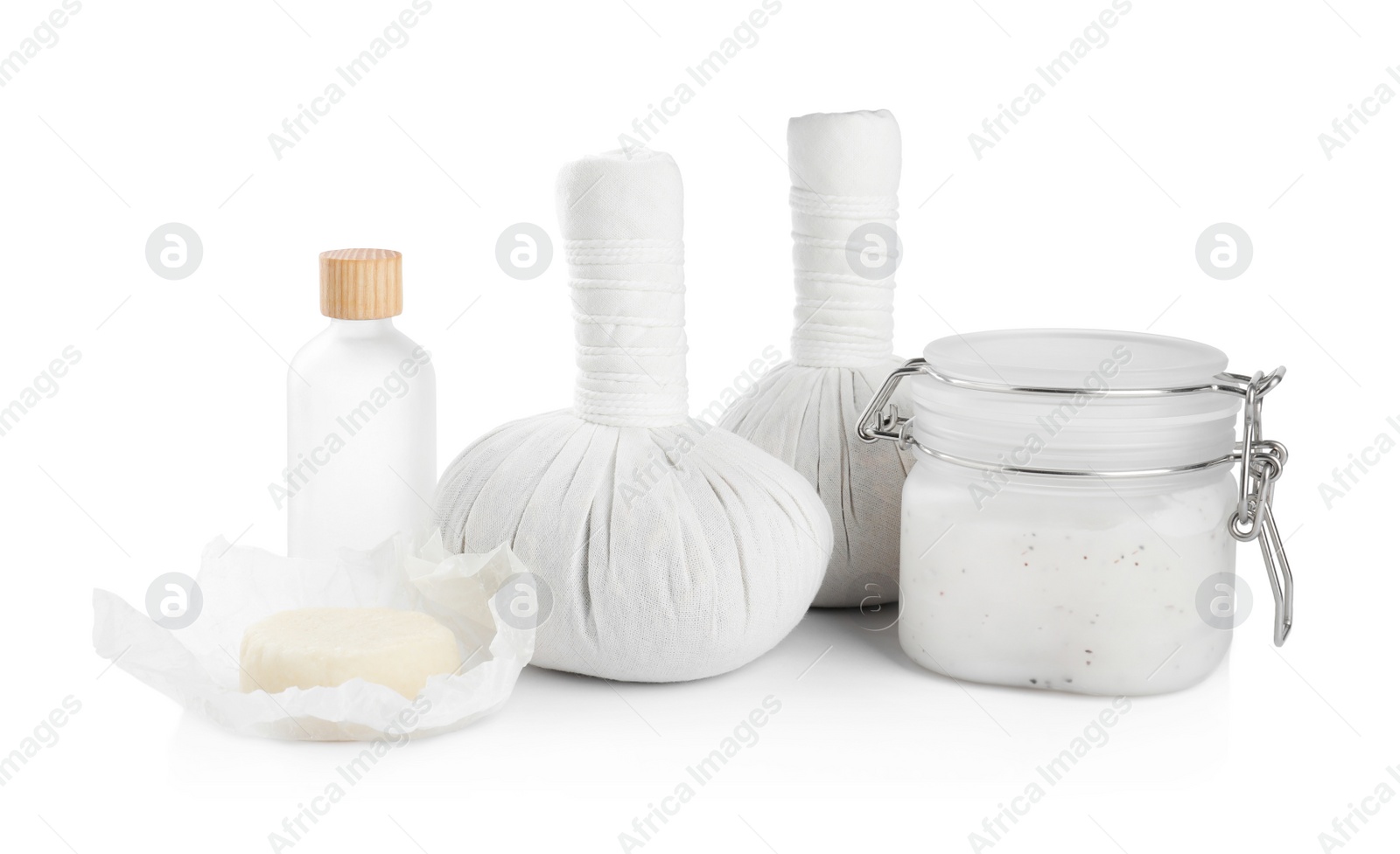 Photo of Beautiful composition with different spa products on white background