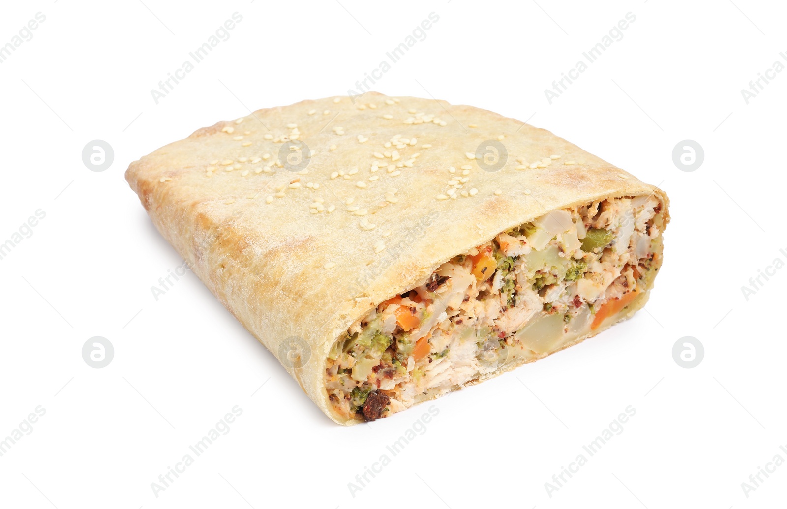 Photo of Tasty strudel with chicken and vegetables isolated on white