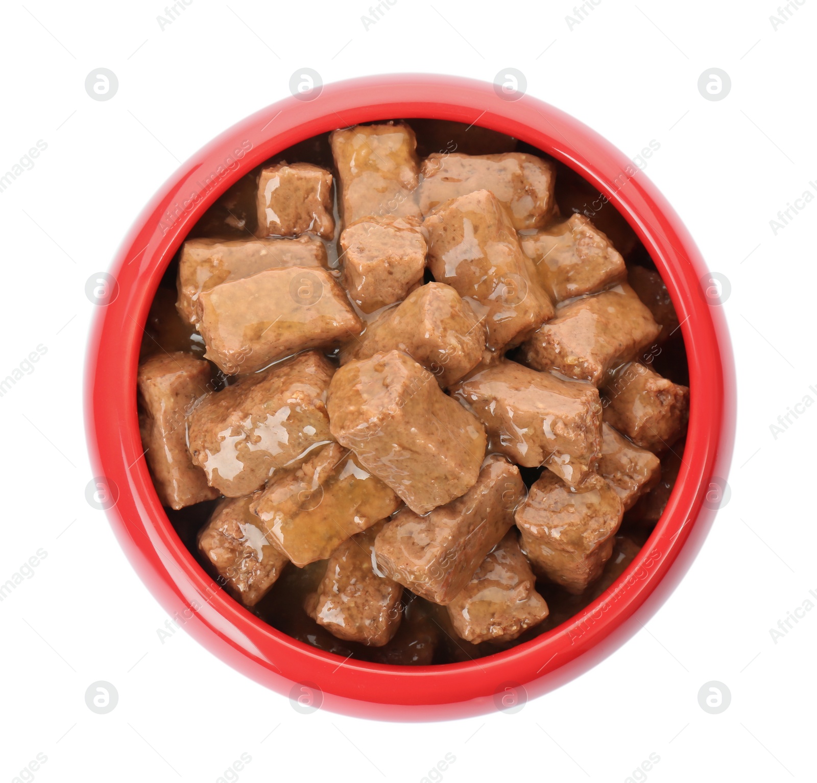 Photo of Wet pet food in feeding bowl isolated on white, top view