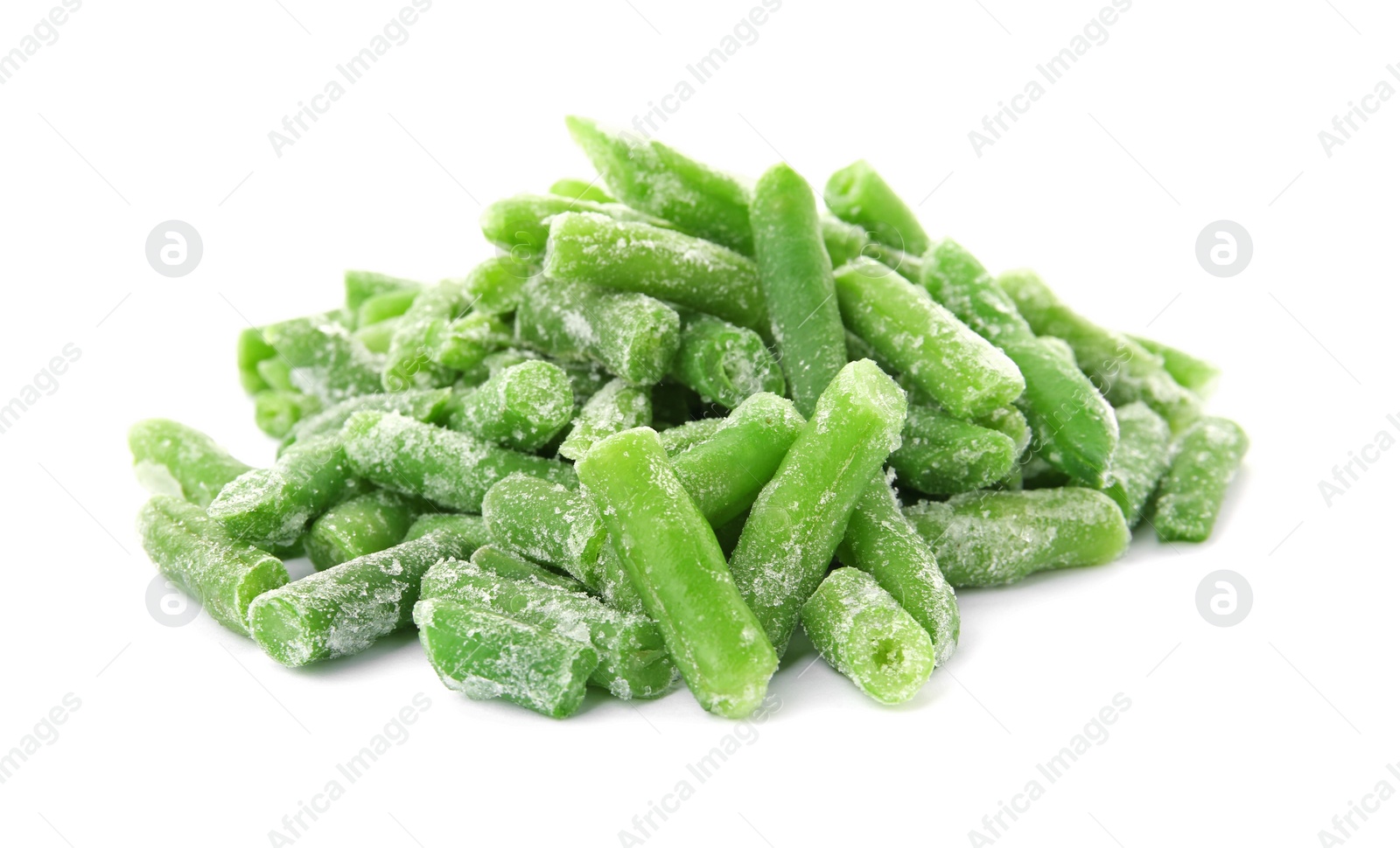 Photo of Frozen green beans on white background. Vegetable preservation