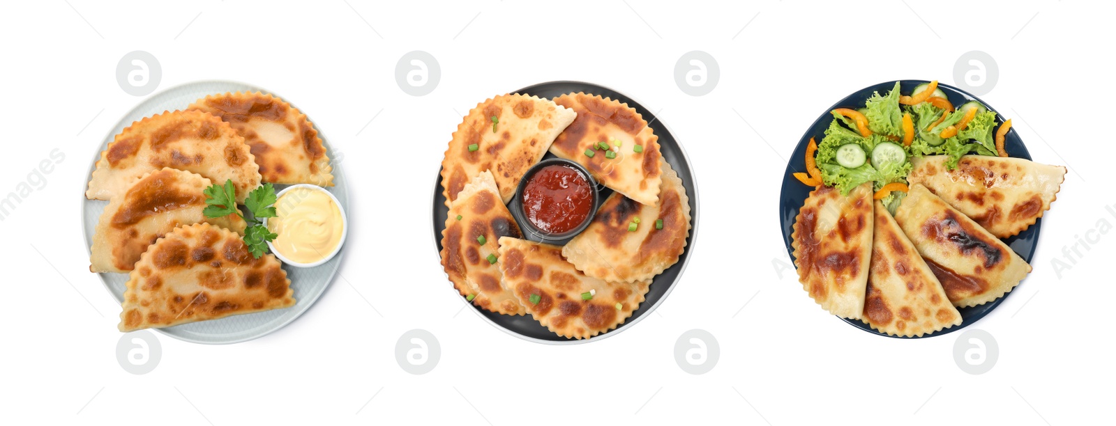 Image of Set with delicious fried chebureki on white background, top view. Banner design