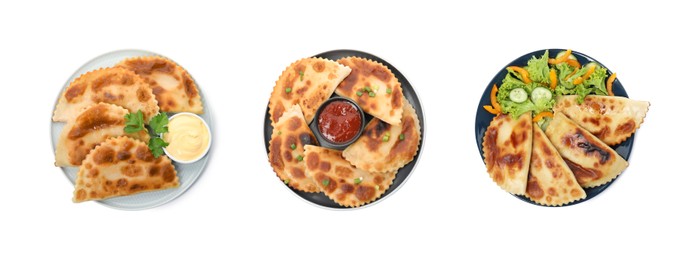 Image of Set with delicious fried chebureki on white background, top view. Banner design