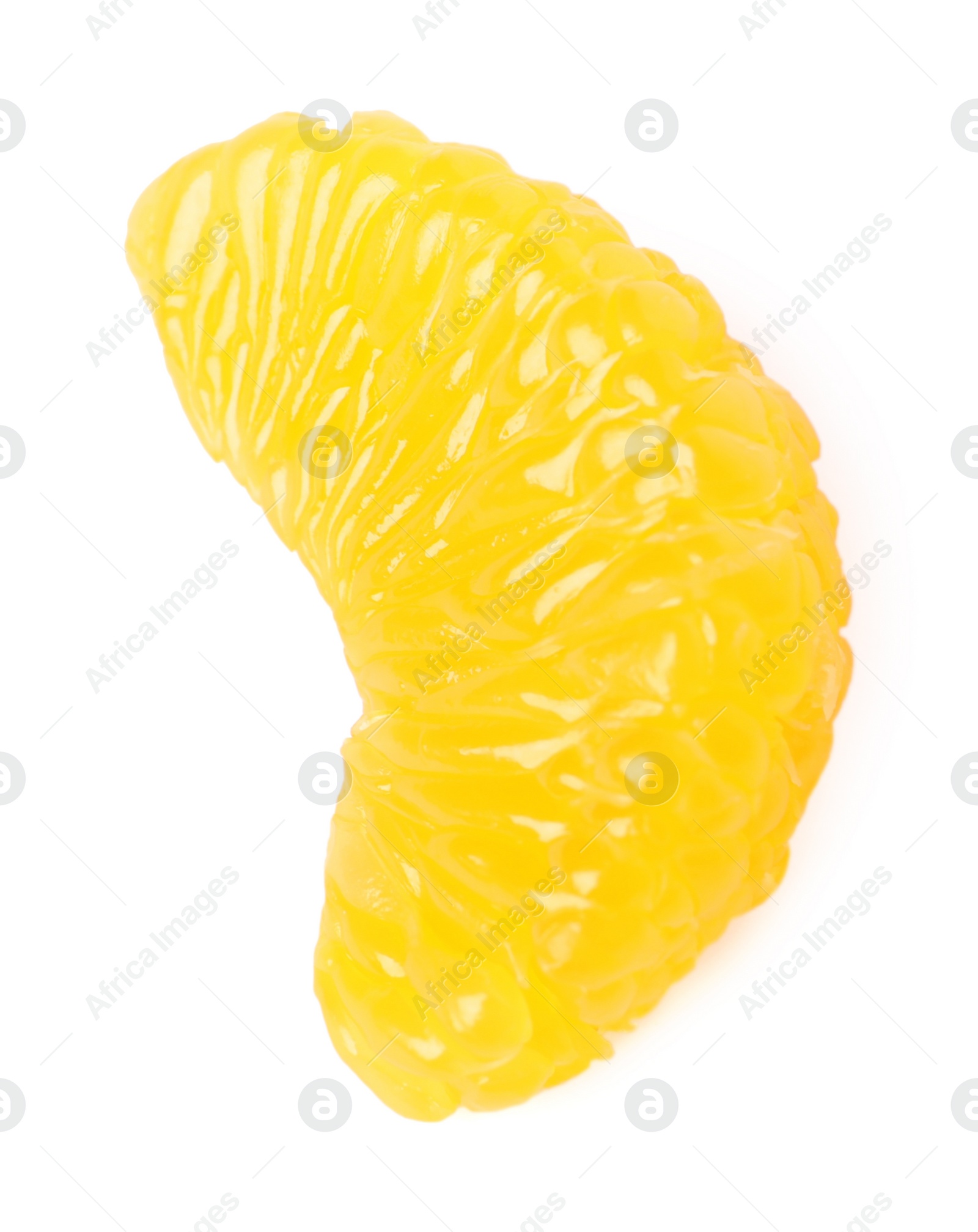 Photo of Piece of peeled fresh ripe tangerine isolated on white, top view