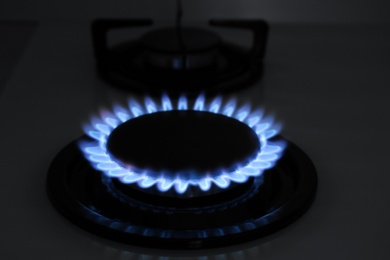 Modern gas cooktop with burning blue flame in kitchen at night