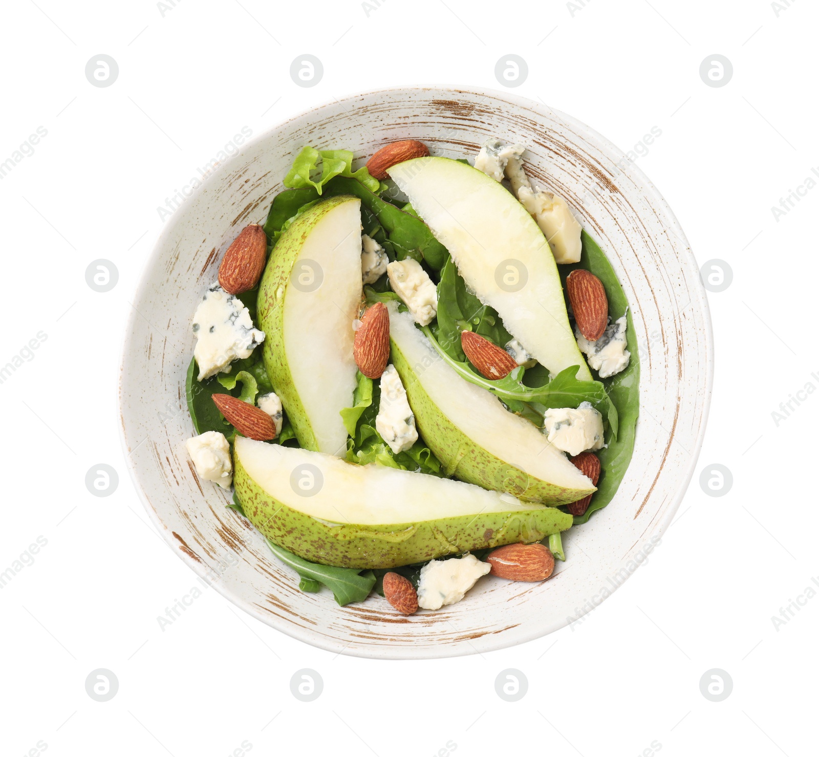 Photo of Delicious pear salad in bowl isolated on white, top view