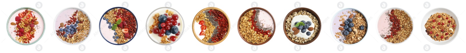 Image of Set of different granola breakfasts with berries on white background, top view. Banner design