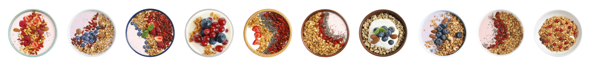 Image of Set of different granola breakfasts with berries on white background, top view. Banner design