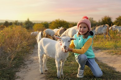 Photo of Farm animal. Cute little girl petting goatling on pasture