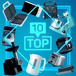 Image of Top ten list of kitchen appliances on light blue gradient background