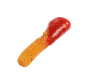 Delicious cheese stick with ketchup on white background, top view