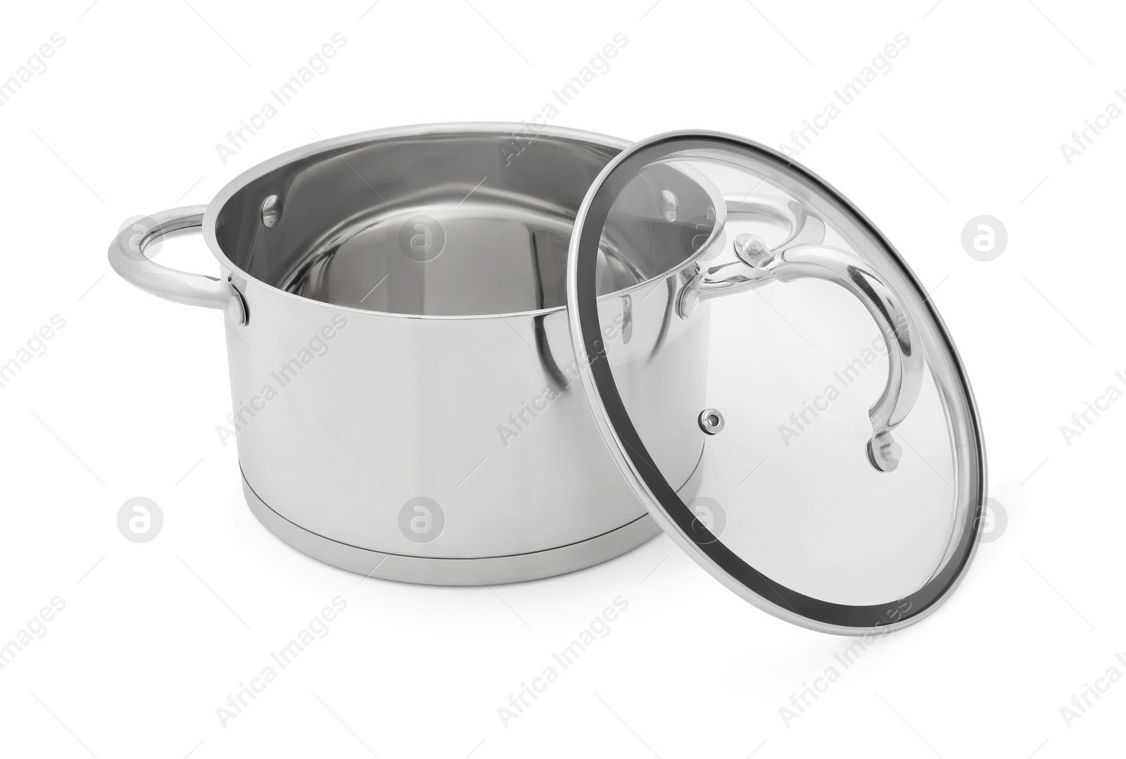 Photo of One steel pot and glass lid isolated on white