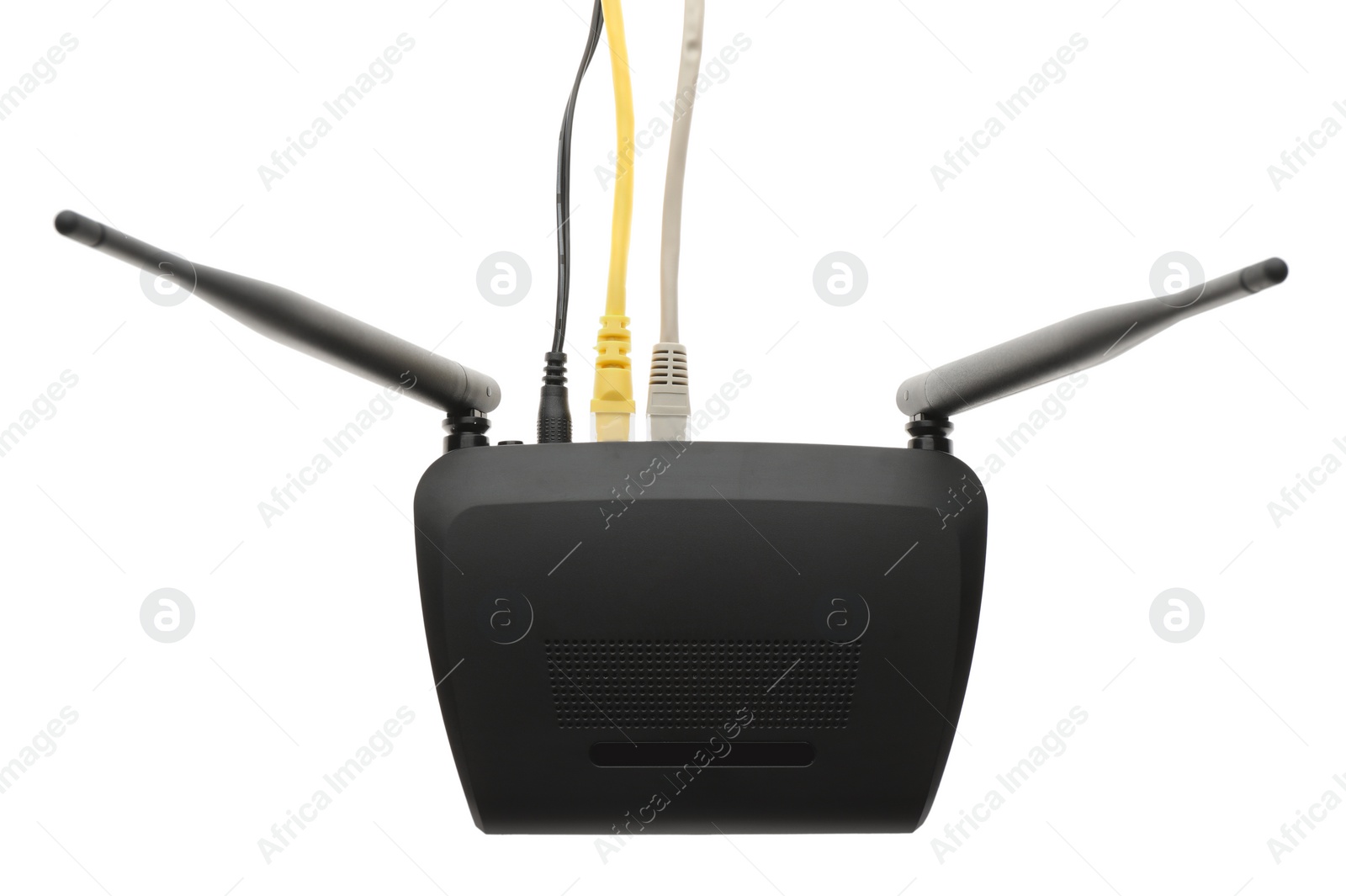 Photo of Modern Wi-Fi router on white background, top view