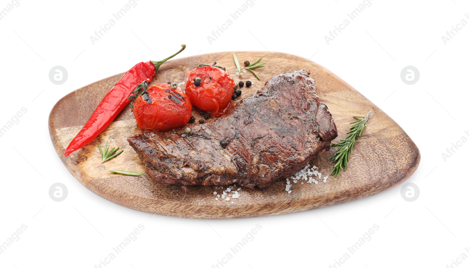 Photo of Delicious roasted beef meat, vegetables and spices isolated on white