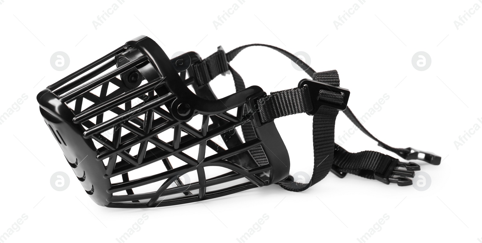 Photo of Black plastic dog muzzle isolated on white