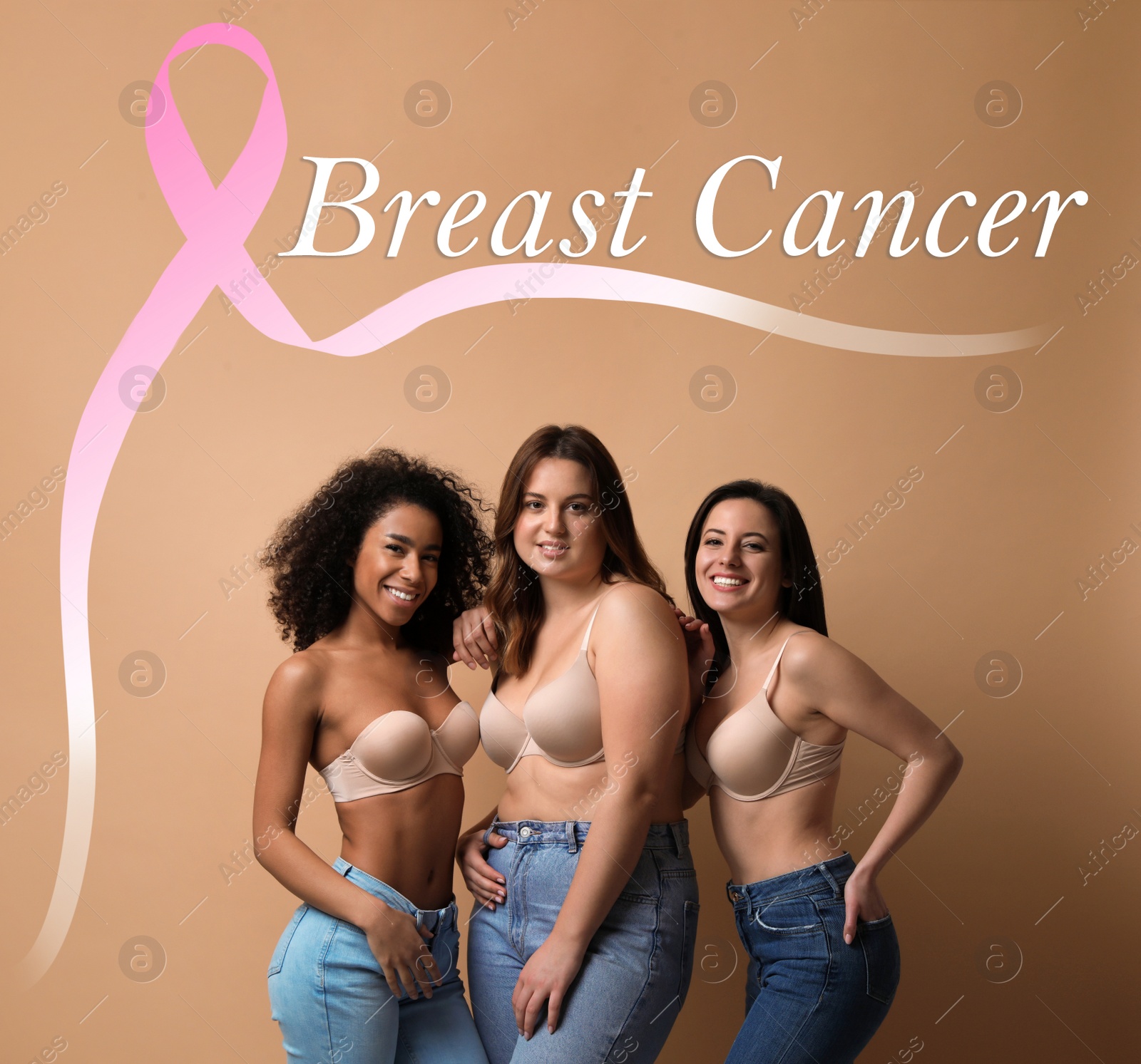 Image of Breast cancer awareness. Group of women on beige background